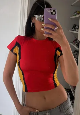 Women Fall Print Round Neck Crop Top