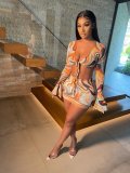 Women Sexy Bell Bottom Sleeve Mesh Print Top and Skirt Two-Piece Set