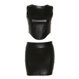 Women Sexy Casual Pu Leather Tank Top and Bodycon Skirt Two-Piece Set