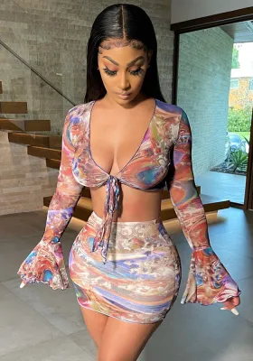 Women Sexy Bell Bottom Sleeve Mesh Print Top and Skirt Two-Piece Set