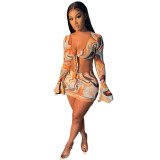 Women Sexy Bell Bottom Sleeve Mesh Print Top and Skirt Two-Piece Set