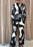 Women Turndown Collar Casual Print Long Sleeve Top and Pant Two-Piece Set