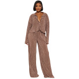Women Long Sleeve Pleated Long Sleeve Top And Pant Casual Two-Piece Set