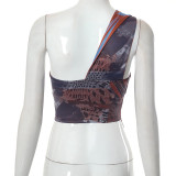 Women Summer Street Print Sleeveless One Shoulder Slash Shoulder Crop Top
