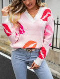 Autumn And Winter Lips Valentine's Day Sweater V-Neck Knitting Pullover Sweater