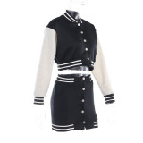 Long-Sleeved Color-Blocking Baseball Uniform Jacket High Waist Button Slit Skirt Autumn Fashion Suit For Women