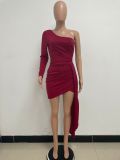 Summer Women's Solid Color Low Back Pleated One Shoulder Long Sleeve Bodycon Ribbon Dress