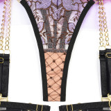Embroidery Lace-Up Cross Mesh Patchwork Sexy Lingerie Four-Piece Set