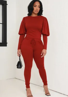 Fashion Autumn/Winter Solid Balloon Sleeve Two-Piece Pants Set