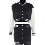 Long-Sleeved Color-Blocking Baseball Uniform Jacket High Waist Button Slit Skirt Autumn Fashion Suit For Women