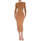 Chic Career Women's Solid Color Slim Round Neck Long Sleeve Dress Autumn Winter