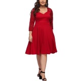 Plus Size Solid Color Sexy Lace Long Sleeve A-Line Dress For Women