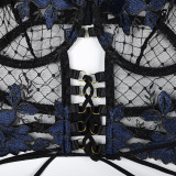 Embroidery Lace-Up Cross Mesh Patchwork Sexy Lingerie Four-Piece Set
