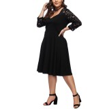 Plus Size Solid Color Sexy Lace Long Sleeve A-Line Dress For Women