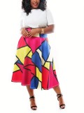 Printed Colorblock Plus Size Skirt