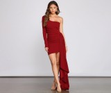 Summer Women's Solid Color Low Back Pleated One Shoulder Long Sleeve Bodycon Ribbon Dress