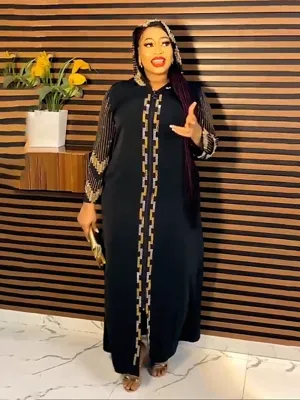 African Ladies Plus Size Hooded Dress Muslim Beaded Zip Cardigan Loose Robe