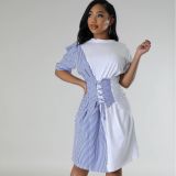 Spring Summer Women's Striped Patchwork Contrast Color Slim Fit Shirt Dress