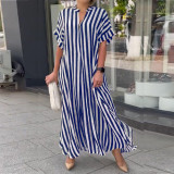 Women Summer Side Slit Stripe Loose Casual Short Sleeve Dress