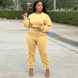 Women Brushed Solid Long Sleeve Top And Drawstring Pants Two-Piece Set