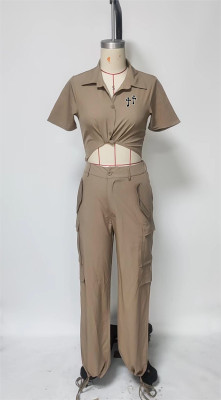 Women Fall Short Sleeve Shirt Cargo Pants Casual Two-Piece Set