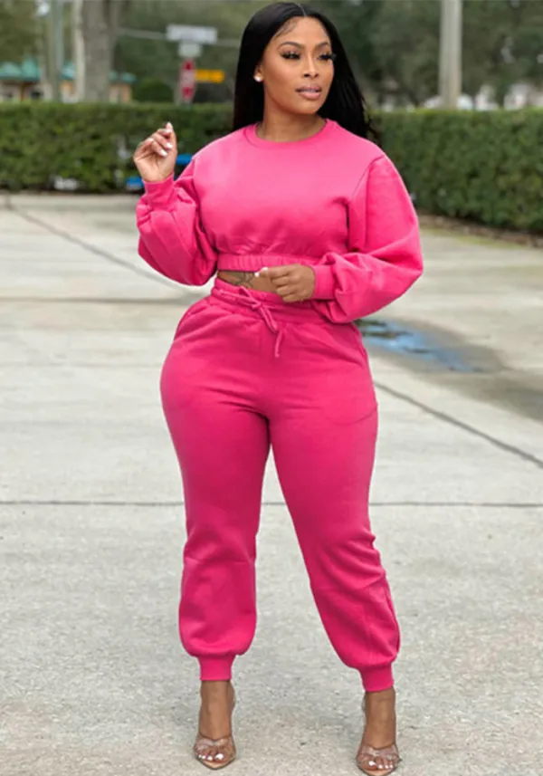 Women Brushed Solid Long Sleeve Top And Drawstring Pants Two-Piece Set