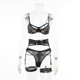 Women summer lacemesh Patchwork metal chain garter Sexy Lingerie two-piece set