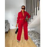 Women Cargo Long Sleeve Top and Wide Leg Pants Solid Two-Piece Set