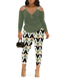 Women Off-Shoulder Patchwork Long Sleeve Printed Top and Pants Two-Piece Set