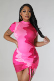 Women Print Tie Dye Block Color Short Sleeve Dress