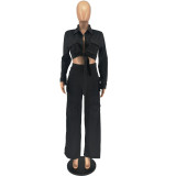 Women Cargo Long Sleeve Top and Wide Leg Pants Solid Two-Piece Set
