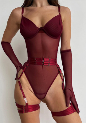 Women See-Through Mesh Body Shaper Garter Belt Sexy Lingerie Three-Piece