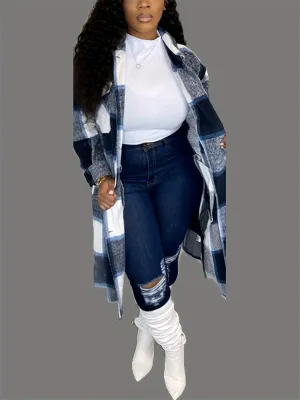 Plus Size Women Fall Winter Turndown Collar Button Pocket Long Sleeve Jacket