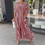 Women Summer Side Slit Stripe Loose Casual Short Sleeve Dress