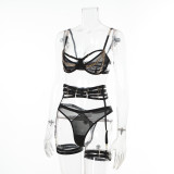 Women summer lacemesh Patchwork metal chain garter Sexy Lingerie two-piece set