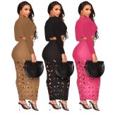 Women Sexy Ribbed Square Neck Long Sleeve Top and Hollow Skirt Two-piece Set