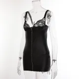 Sexy PU Leather Zipper Lace See-Through Straps Nightdress