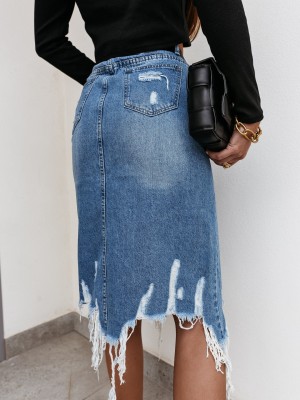 Summer Casual Chic Washed Ripped Fringe Mid Denim Skirt