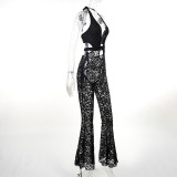 Sexy Plunging Halter Neck Cutout See-Through Lace Bootcut Women's Jumpsuit