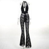 Sexy Plunging Halter Neck Cutout See-Through Lace Bootcut Women's Jumpsuit