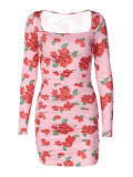 Flower Print Fashion Summer Women's Long Sleeve Square Neck Pleated Slim Bodycon Dress