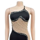 Women's Fashion Solid Color Mesh Beaded Straps Bodycon Dress