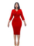 Women's Dress African Chic Elegant Beaded Ruffle V Neck Bodycon Dress