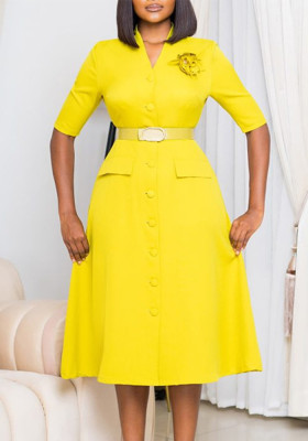 Women's Fall Solid Color V Neck Button Chic Elegant Plus Size Dress