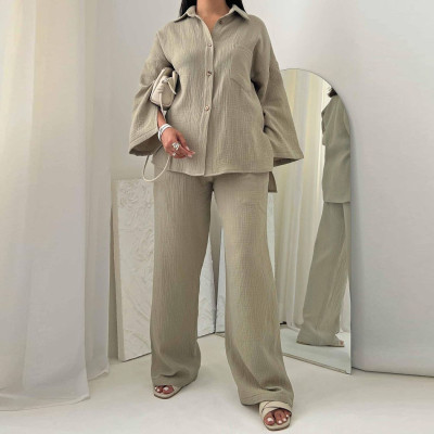 Women's Fashion Long Sleeve Shirt High Waist Wide Leg Pants Two Piece Set