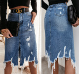 Summer Casual Chic Washed Ripped Fringe Mid Denim Skirt