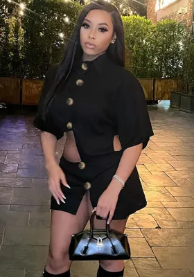 Women's Simple Shirt Dress Single-Breasted Button Irregular Hollow Turndown Collar Sexy Dress
