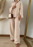 Women's Fashion Long Sleeve Shirt High Waist Wide Leg Pants Two Piece Set