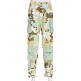 High Waist Loose Straight Camouflage Patchwork Pocket Street Cargo Casual Pants