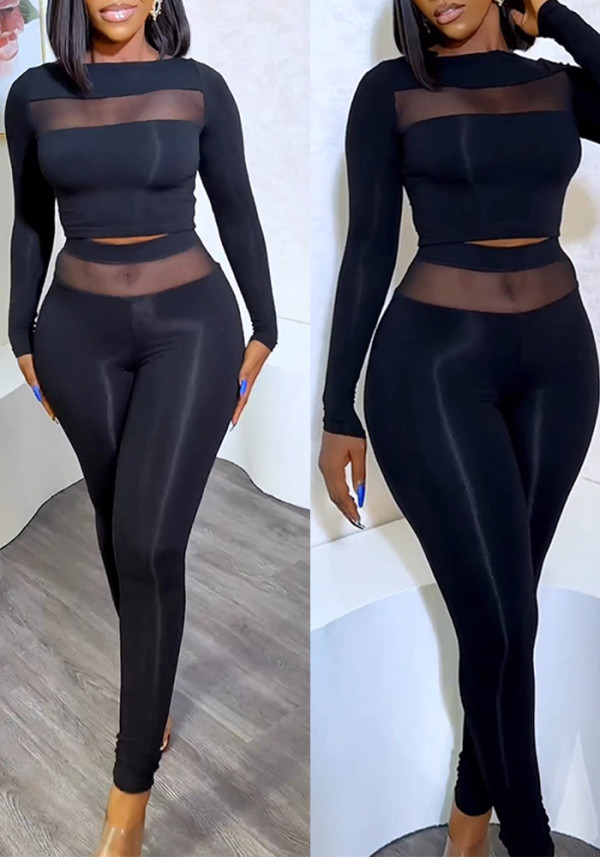 Women See-Through Mesh Patchwork Long Sleeve Top and Pant Two-Piece Set